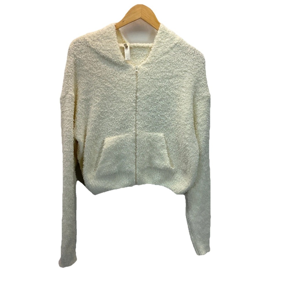 SKIMS Ivory Cozy Knit Zip Up Cropped Fleece Hoodie Sweatshirt Sz L/XL